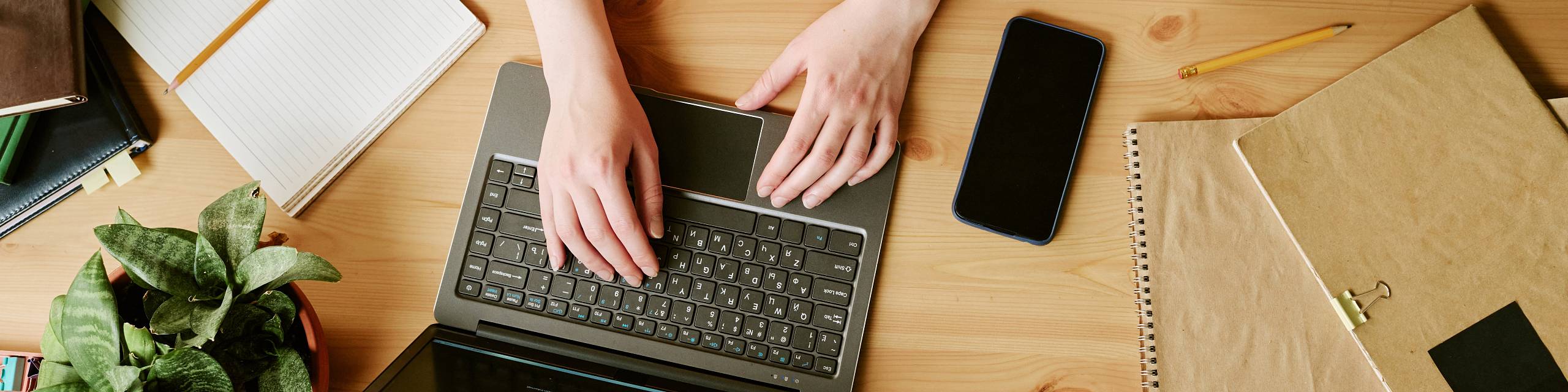 Hände tippen an einem Laptop auf einem Schreibtisch mit Smartphone, Notizbüchern, Stift und Zimmerpflanze.