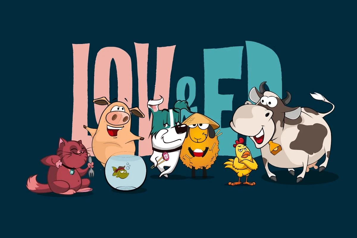 Illustration verschiedener Comic-Tiere vor dem Schriftzug ‚Lov&Ed‘.