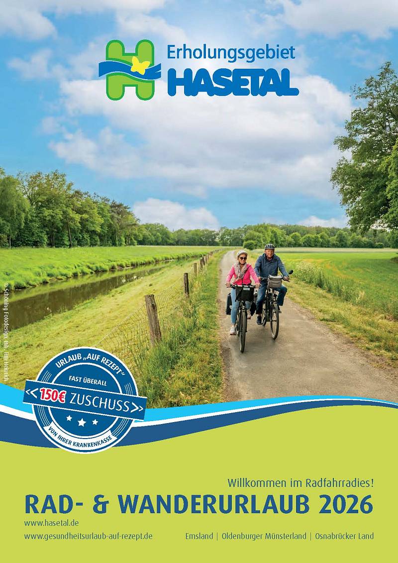 Titelbild „Rad- & Wanderurlaub 2026“ im Erholungsgebiet Hasetal mit zwei Radfahrenden auf einem ländlichen Weg.