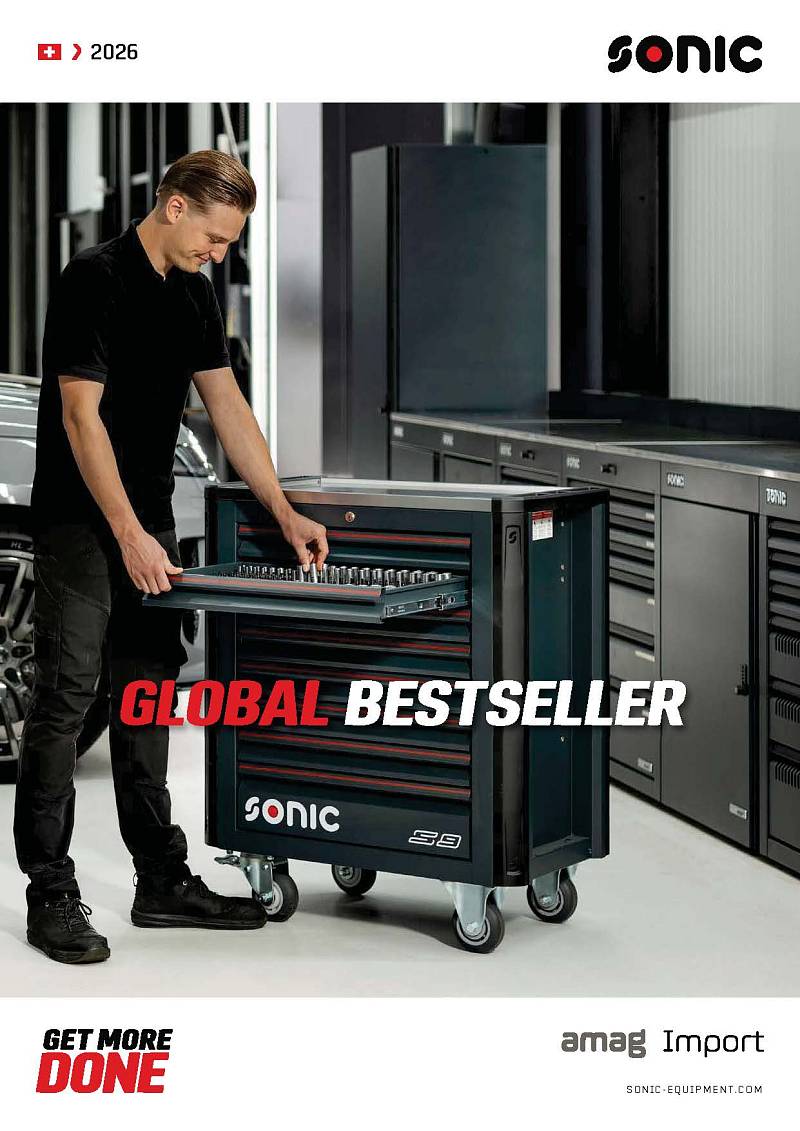 Titelbild „Global Bestseller 2026“ von SONIC mit einem Mitarbeiter an einem mobilen Werkzeugwagen.